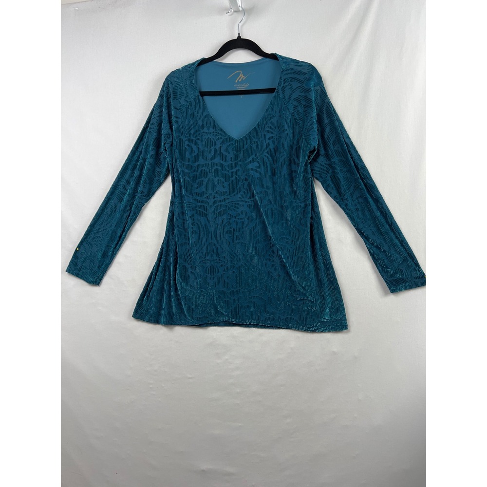 Miraclebody Tunic Top Women L Teal Excellent Burnout Velvet Damask V-Neck Lining